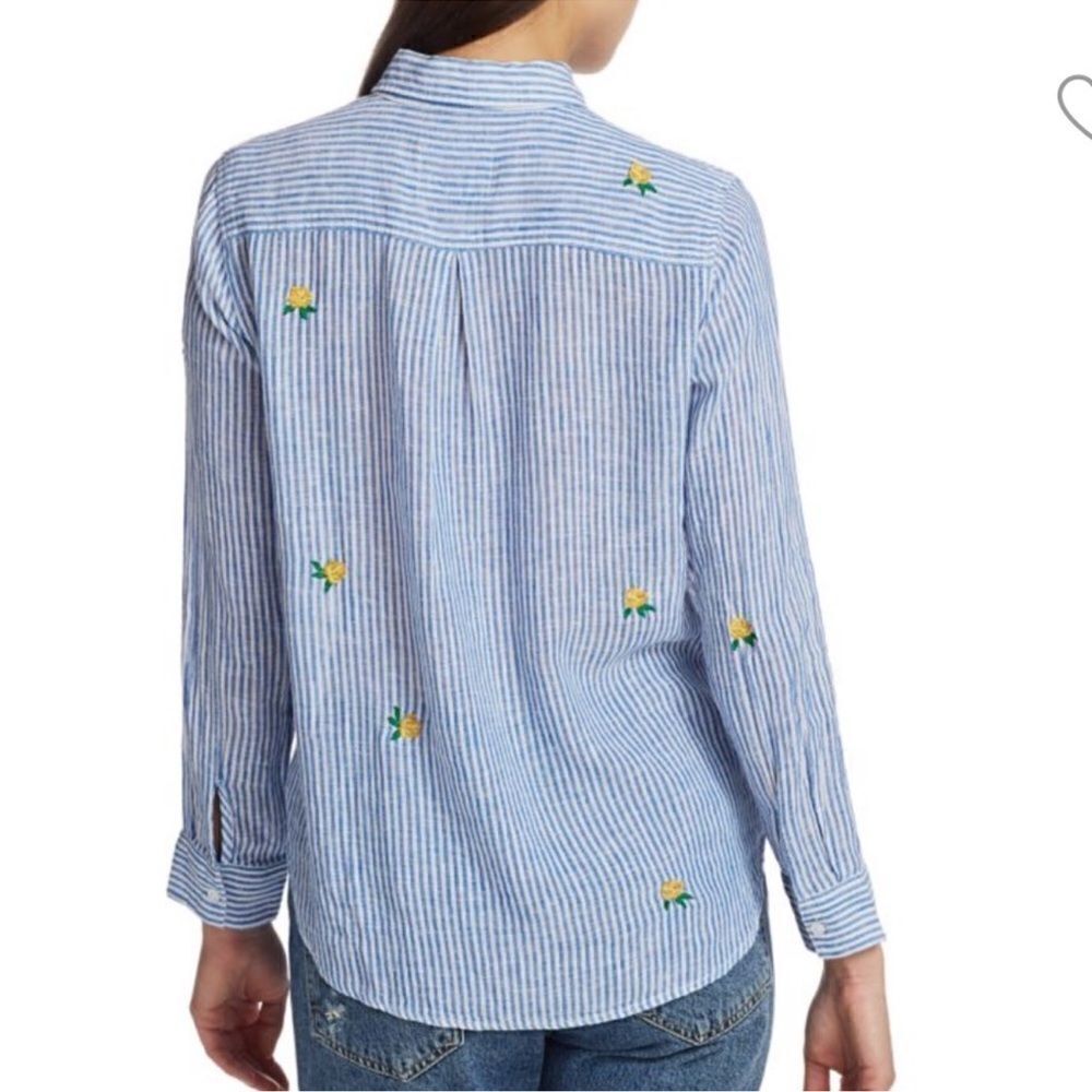 Rails L Charli Blue White Vertical Stripes Yellow Green Embroidered Roses Shirt - Picture 4 of 15